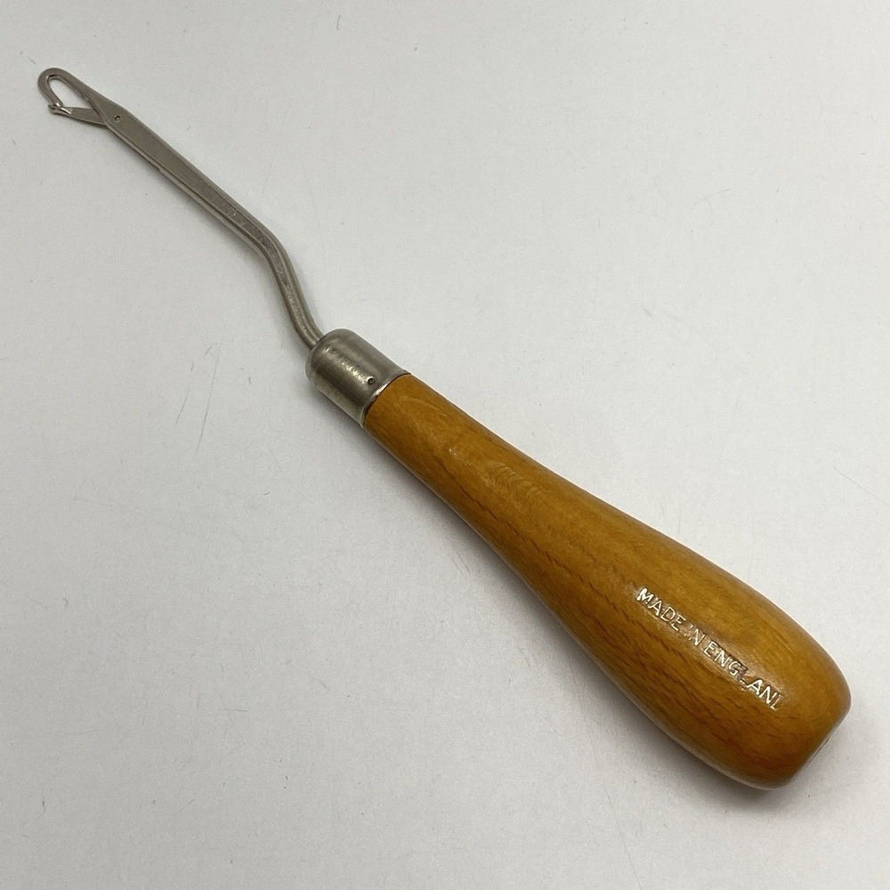 Vintage Latch Hook Rug Carpet Yarn Tool with Wood Handle Stamped Made in England